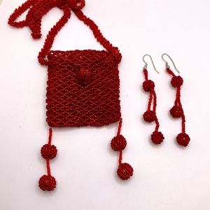 Vintage eclectic red beaded pouch necklace with matching earrings